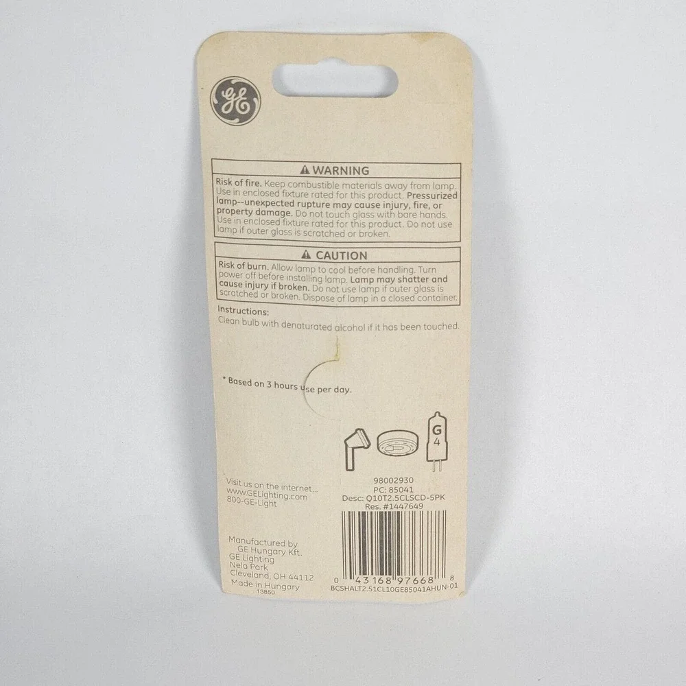 3 GE Specialty Halogen 1+ Year Life 10w 140 Lumens T3 Bulb Type G4 Base 12 Volts